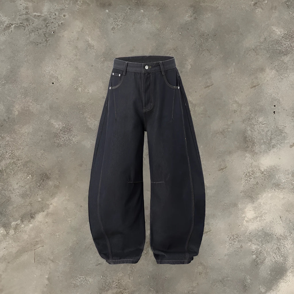 Men's wide-leg denim trousers in original cow colour cotton fabric showing American casual styling