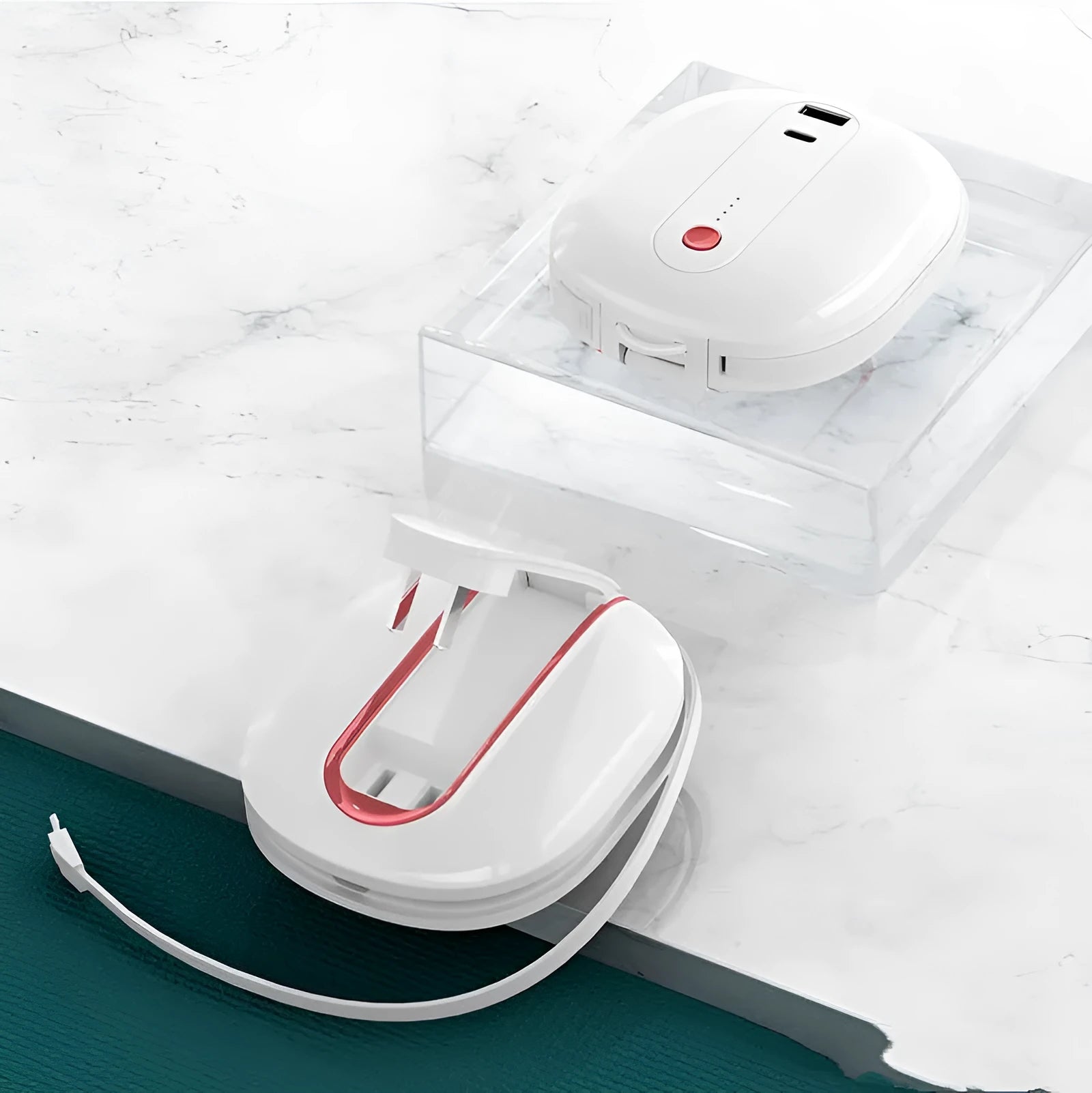 White or black two-in-one power bank with built-in plug showing 10000mAh capacity and compact 92x108x30mm dimensions
