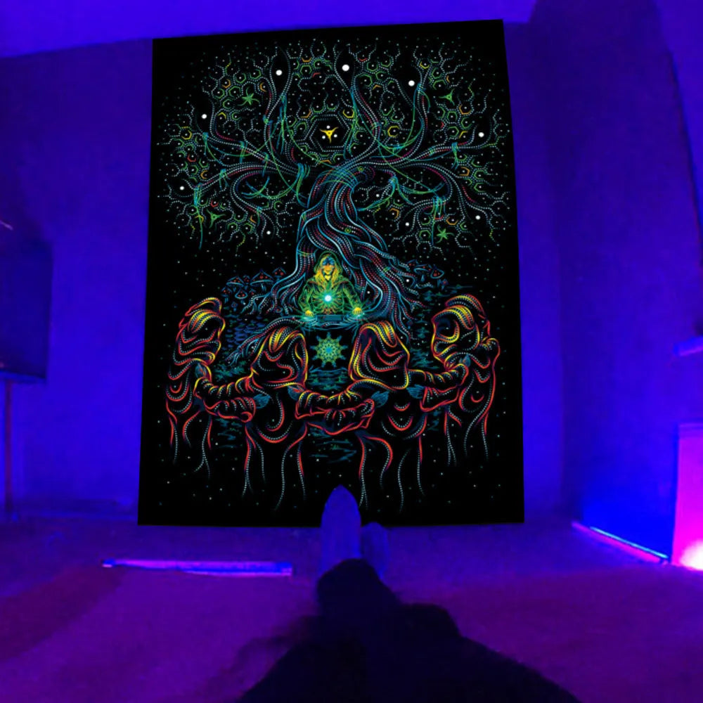 Fluorescent woven plush polyester tapestry with landscape pattern, available in 23 colours and multiple sizes