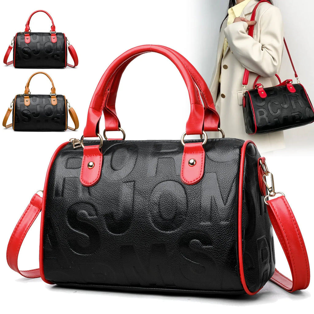 Brown cylindrical PU leather crossbody bag with three shoulder straps showing interior polyester lining