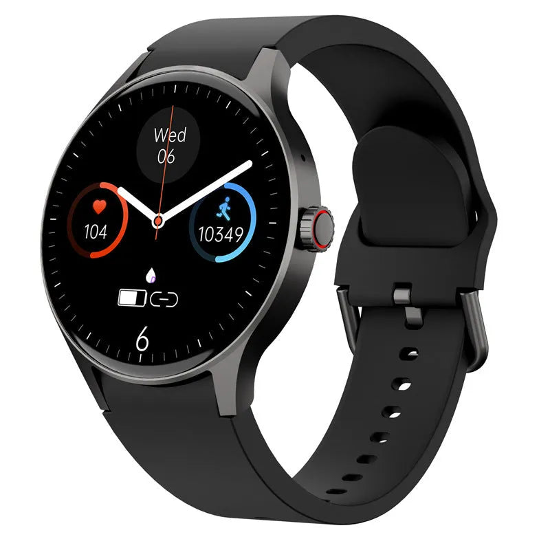 Smart Bluetooth sport watch with round display showing fitness metrics on black, blue, pink and red coloured variants