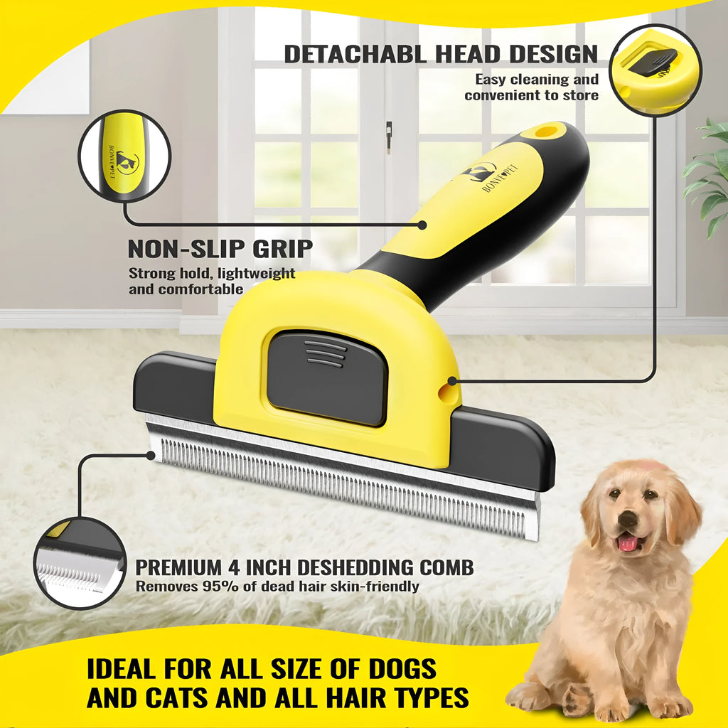 Blue and yellow dog grooming comb with stainless steel blades for pet hair removal and knot untying