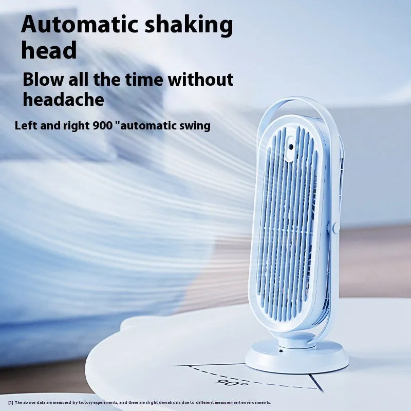 White modern desktop USB tower fan with remote control on a wooden desk, showing dual air outlets.