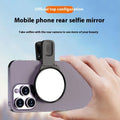 Black mobile phone rear camera self-timer mirror clip with plastic and glass construction, shown attached to a phone.