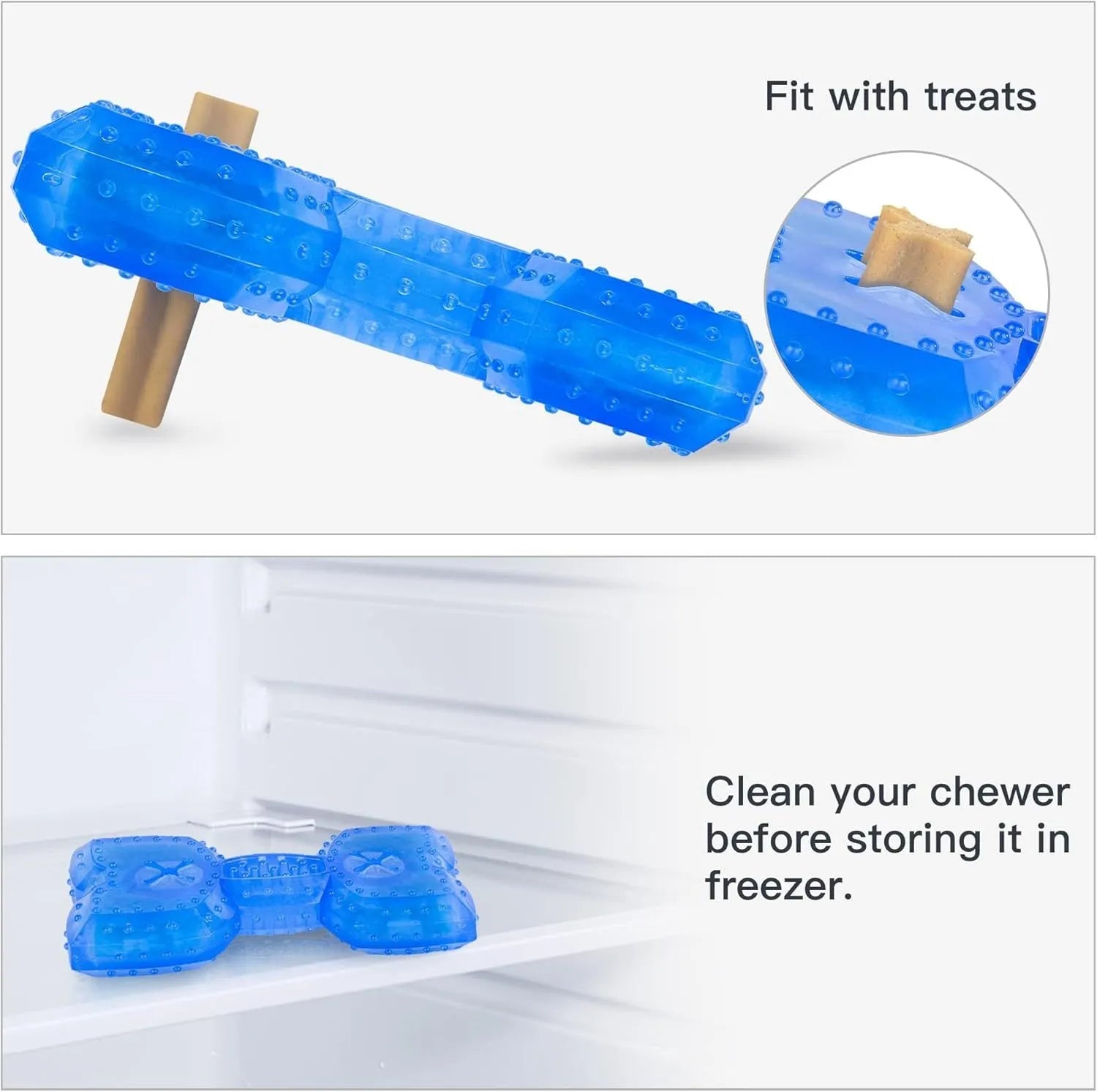 Freezable dog chew toy in bone and circle shapes, non-toxic with cooling water core