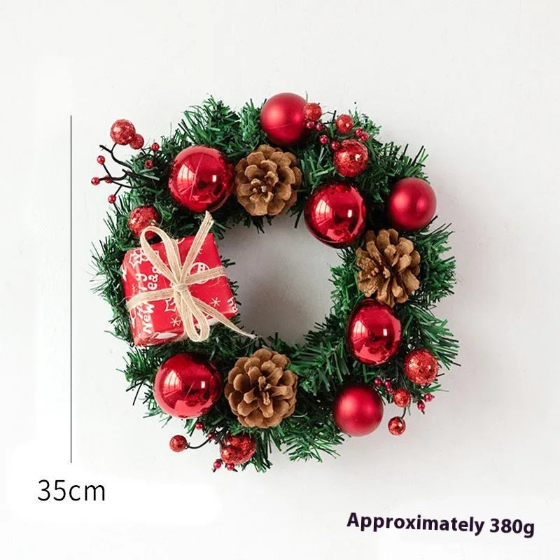 PVC Christmas door hanging wreath with red gift bag design and vine rattan details, 35cm diameter
