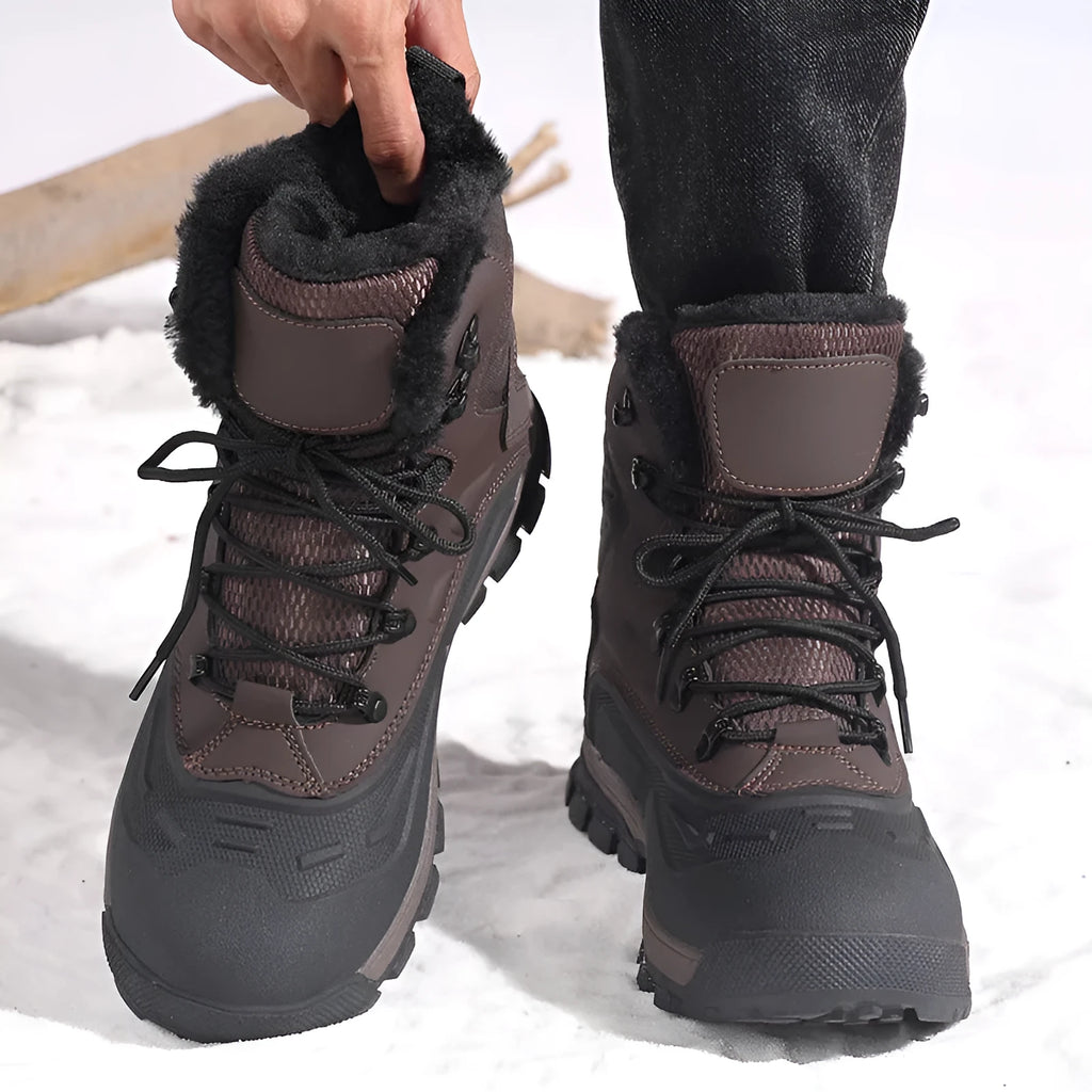Men's black high-top fleece-lined boots with lace-up front, shown on a white background