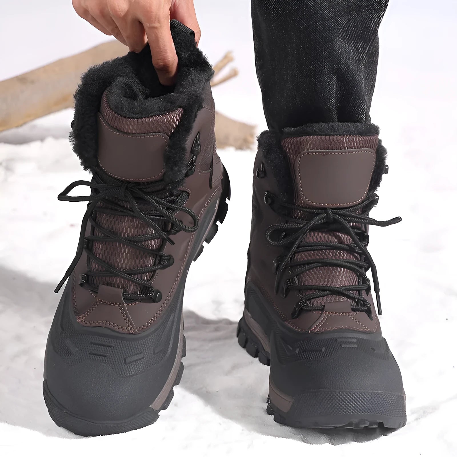 Men's black high-top fleece-lined boots with lace-up front, shown on a white background