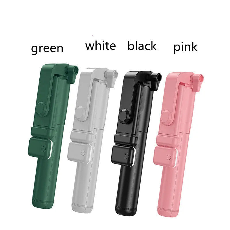 Black Bluetooth selfie stick with extended tripod legs holding a smartphone.