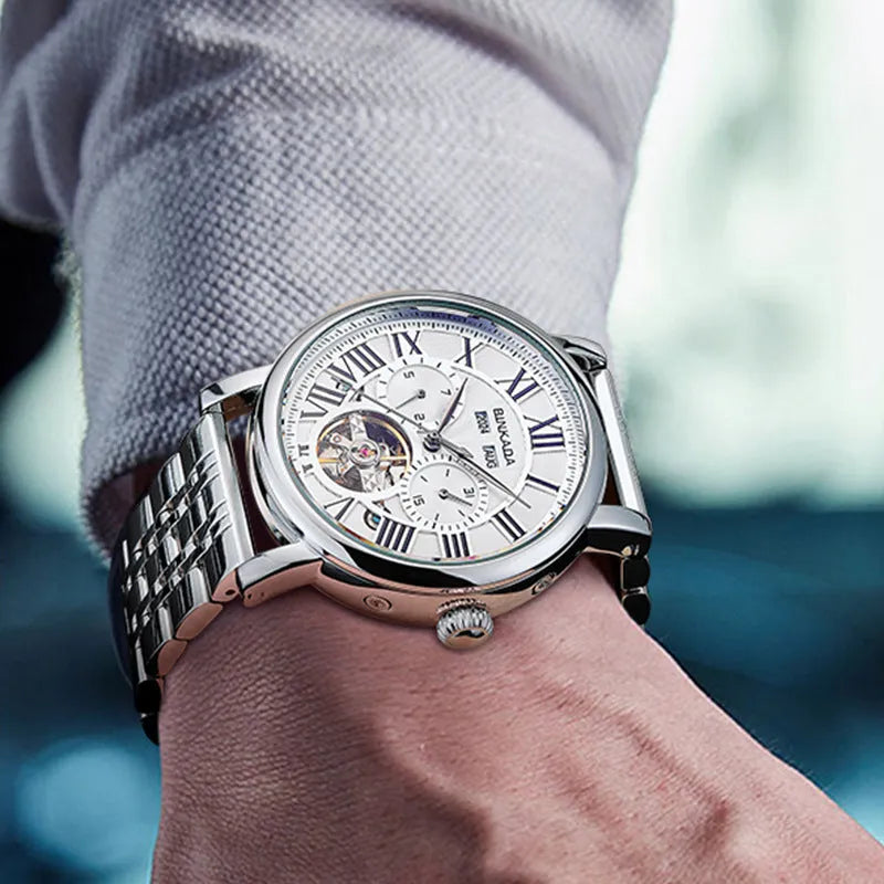 Men's automatic mechanical waterproof watch with steel bracelet in business chronograph style