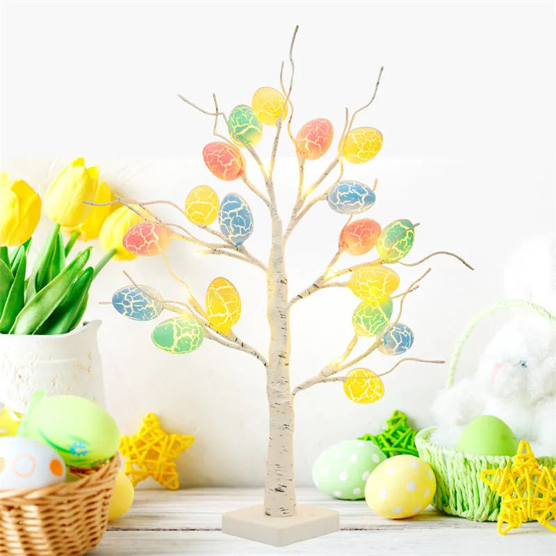 60cm LED Easter birch tree light with warm white LEDs and cracked egg ornaments on adjustable branches
