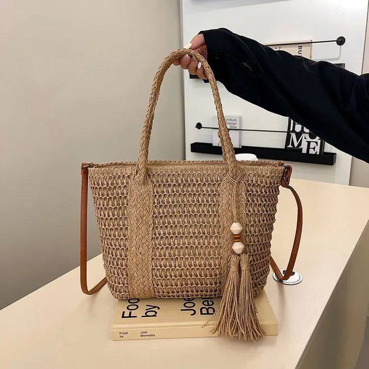 Women's soft straw crossbody bag with diagonal grass weave in milky white or khaki colour