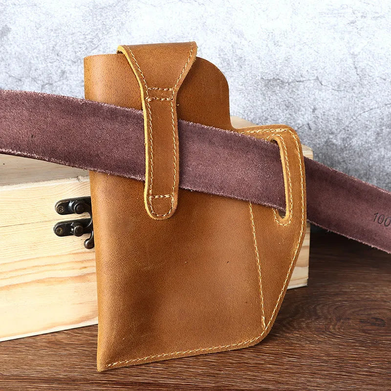 Men's retro leather belt phone bag with car suture detailing in black, brown, dark coffee or yellow wheat