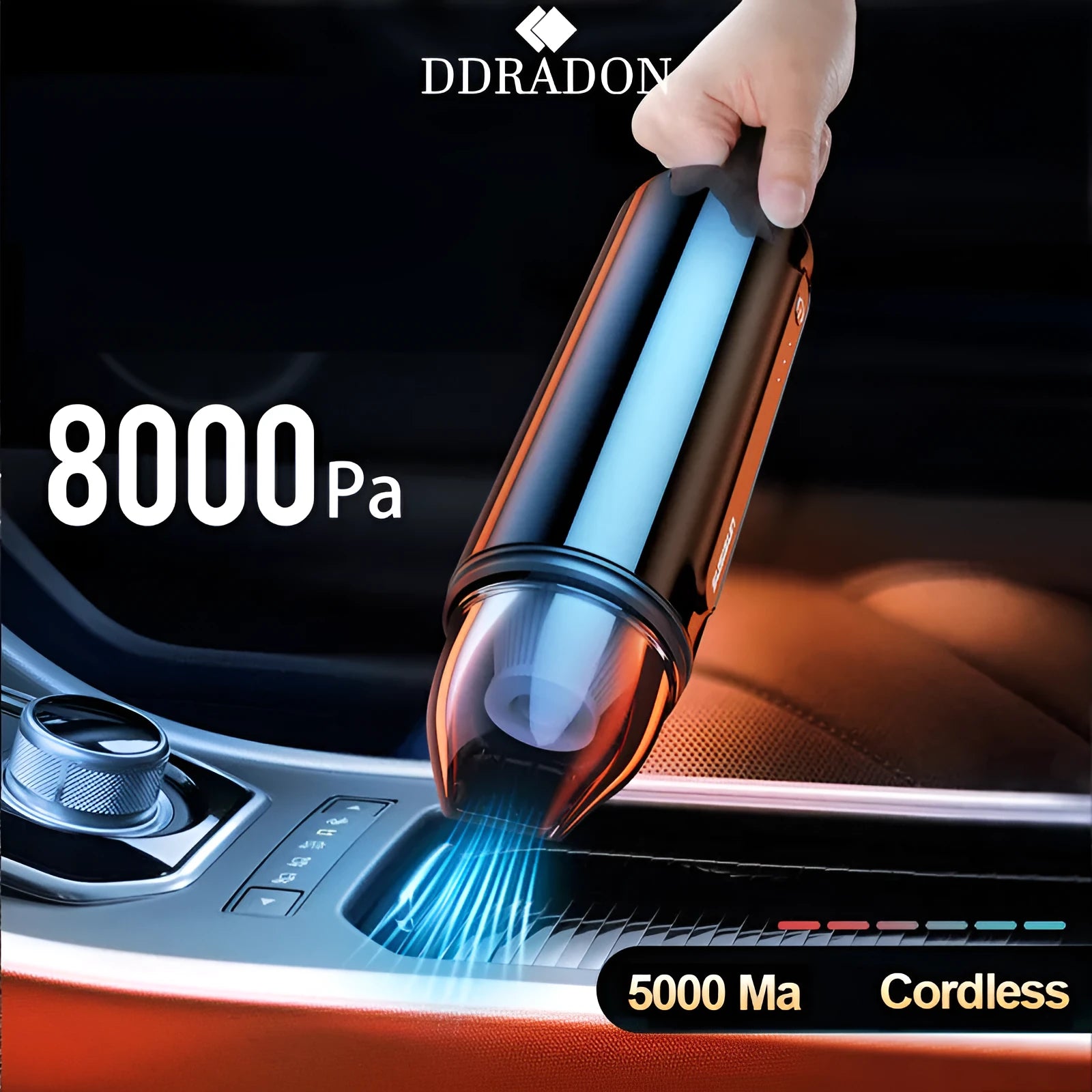 Wireless rechargeable car vacuum cleaner with 8000pa suction, ABS body, brush and long nozzles