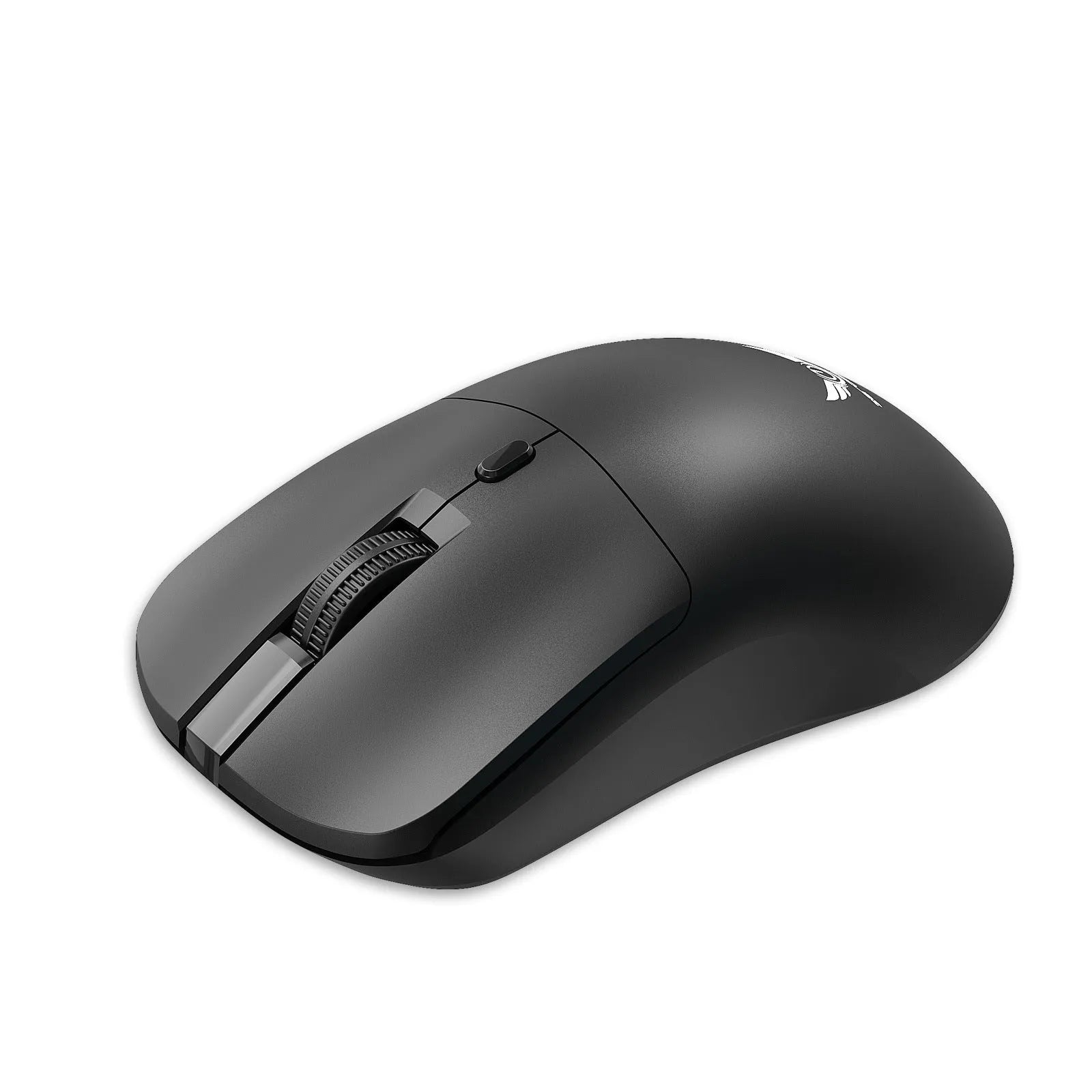 Black wireless mouse with a three-gear audio button on a desk next to a laptop.