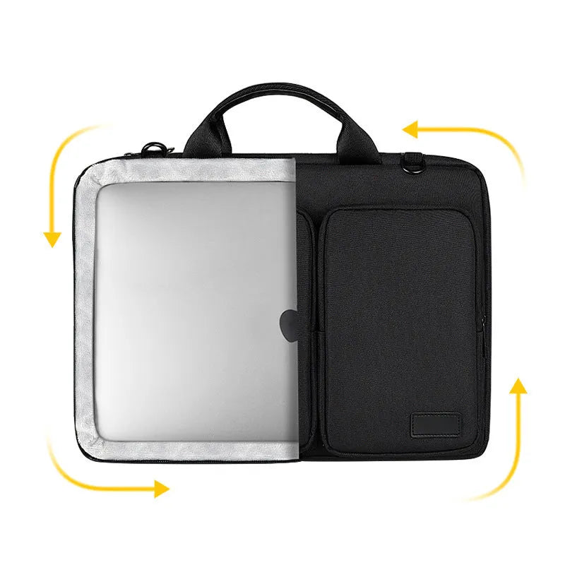 Shock proof shoulder laptop bag in black with retractable handle and polyester shell