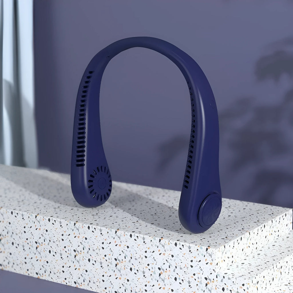 Blue USB rechargeable bladeless neck fan with flexible neckband on a person.