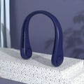 Blue USB rechargeable bladeless neck fan with flexible neckband on a person.