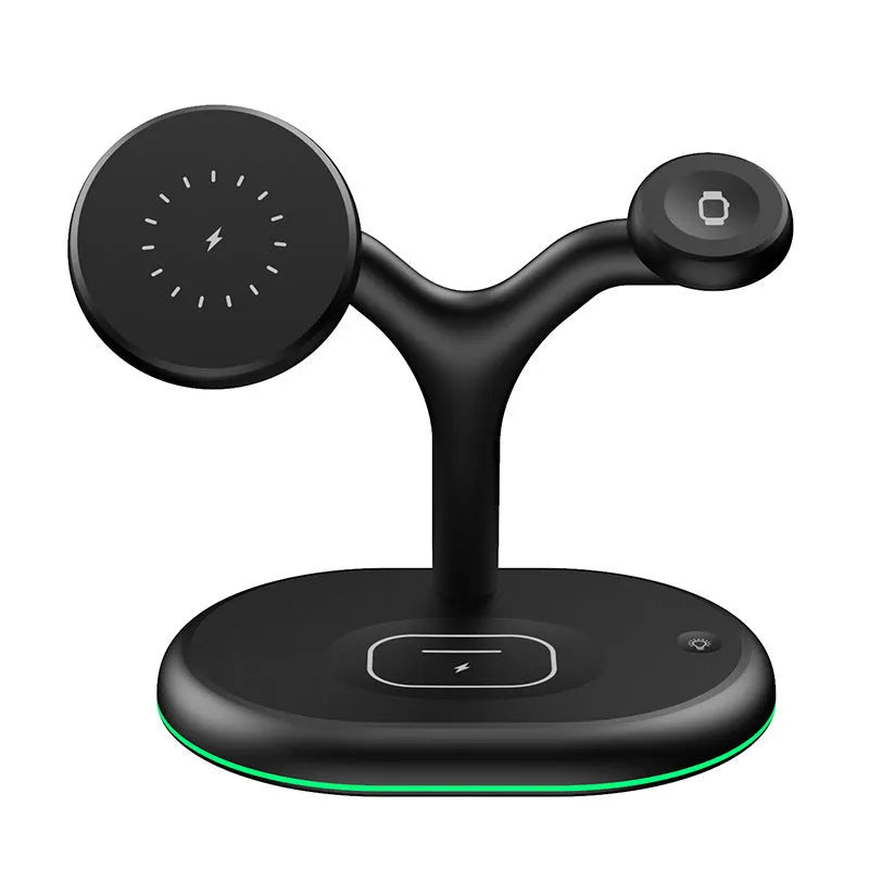 Black magnetic wireless charging station with vertical phone stand and USB-C cable