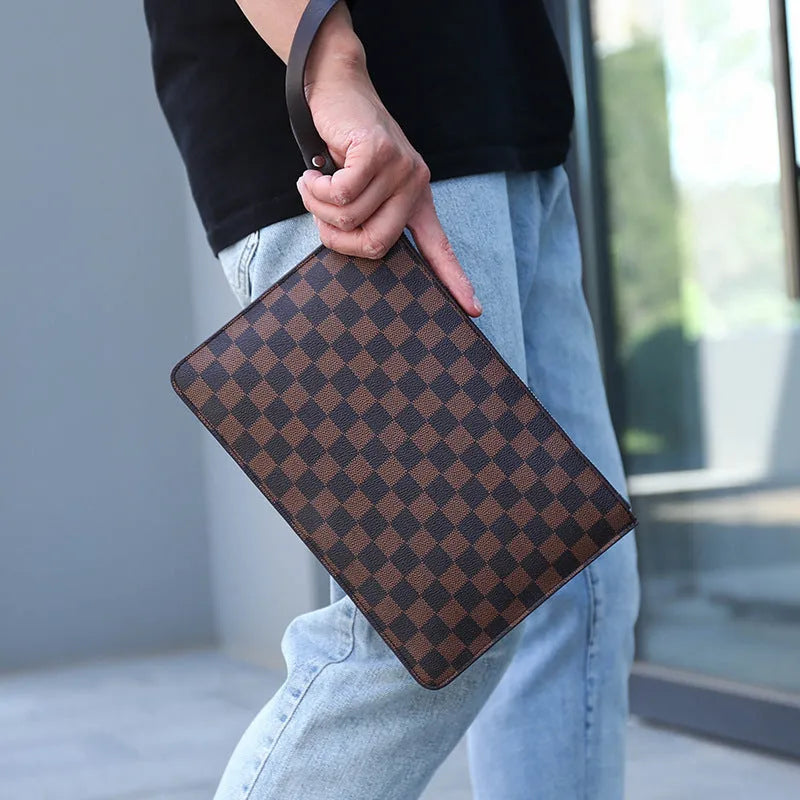 Men's black and brown plaid checkered PU leather clutch wallet open showing card slots and zipper pocket