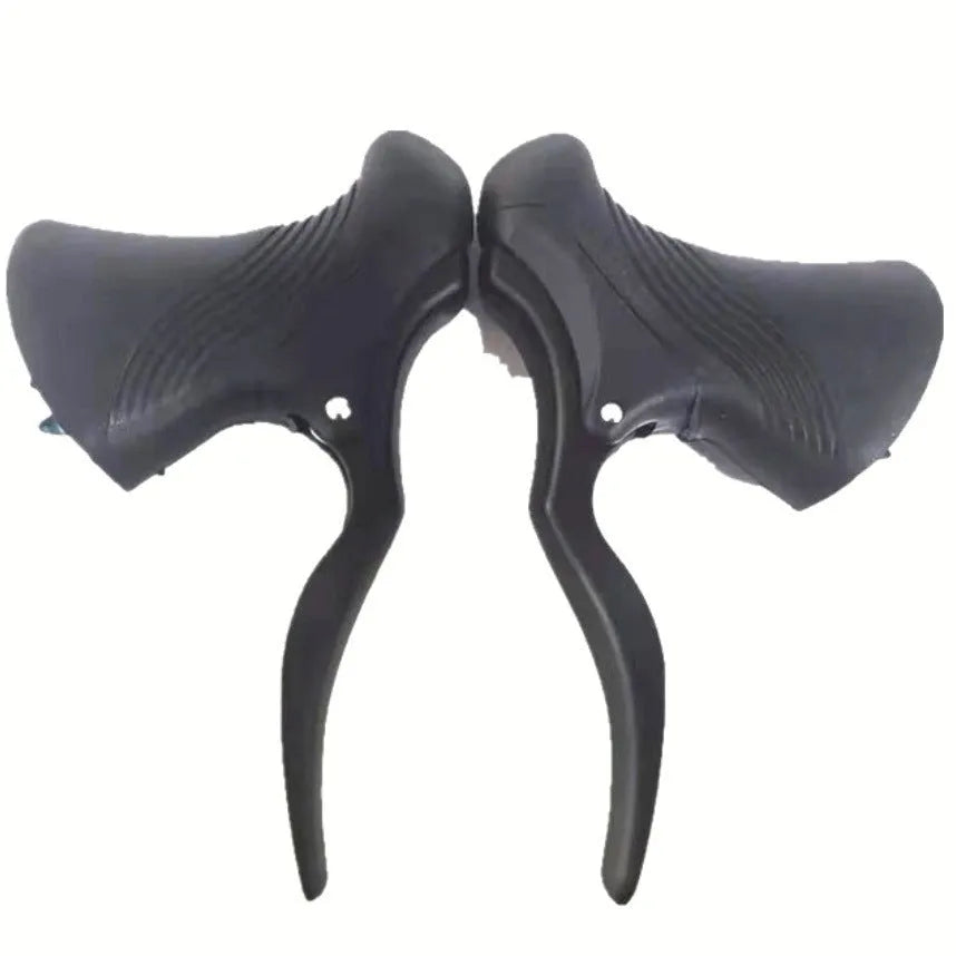 Pair of aluminium road bicycle brake levers in black and black silver finishes