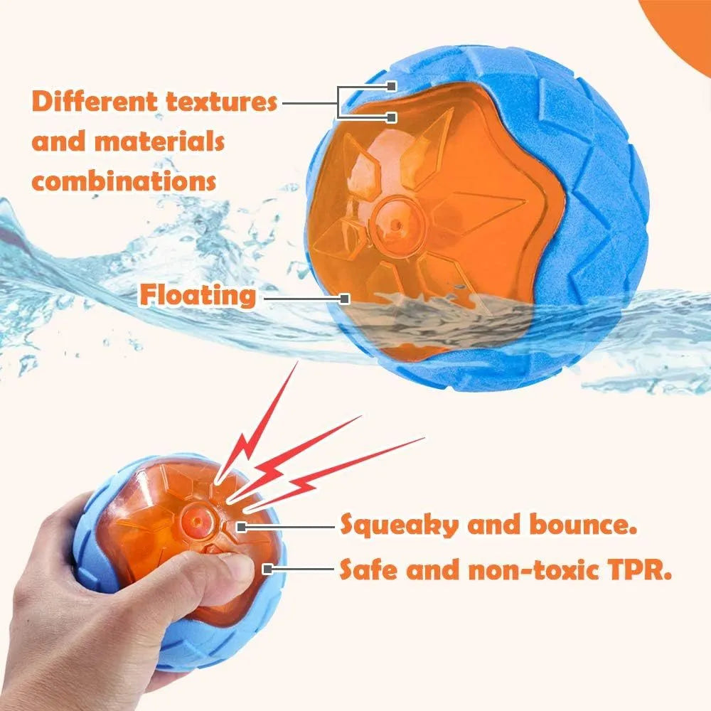 Three TPR floating dog toys: a red squeaky ball, a blue barbell, and an orange tyre, on a pool edge.