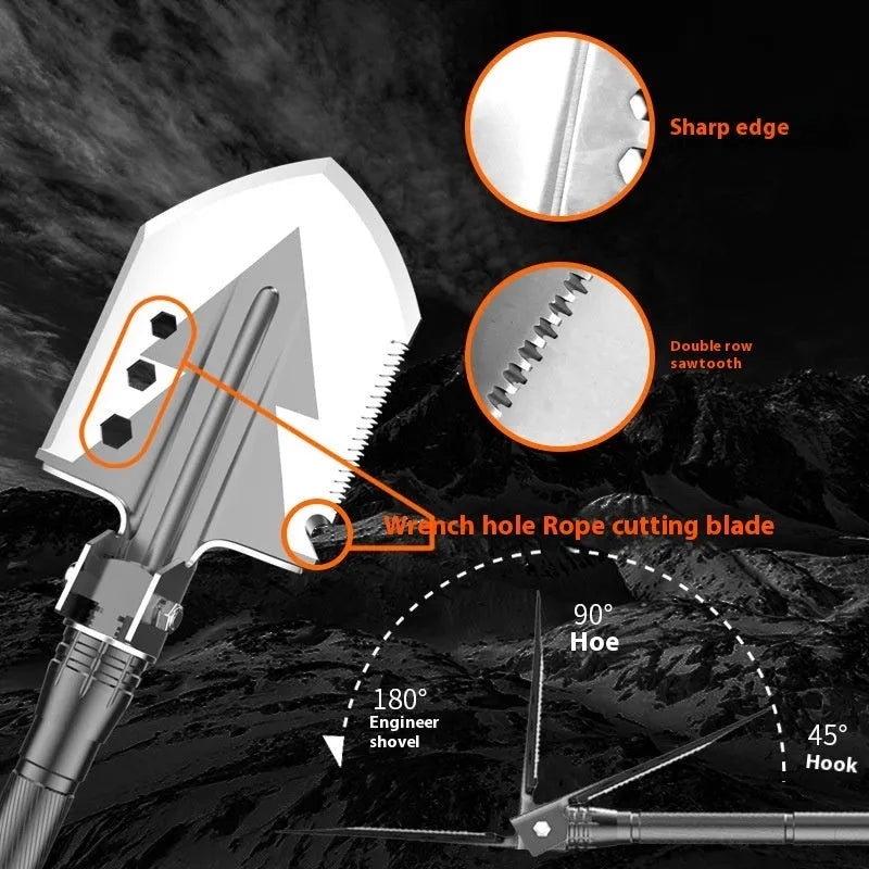Black military shovel set with axe, knife, attack cone, whistle and lighter accessories