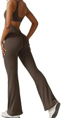 Women's sleeveless flare jumpsuit in Army Green colour for yoga and fitness activities