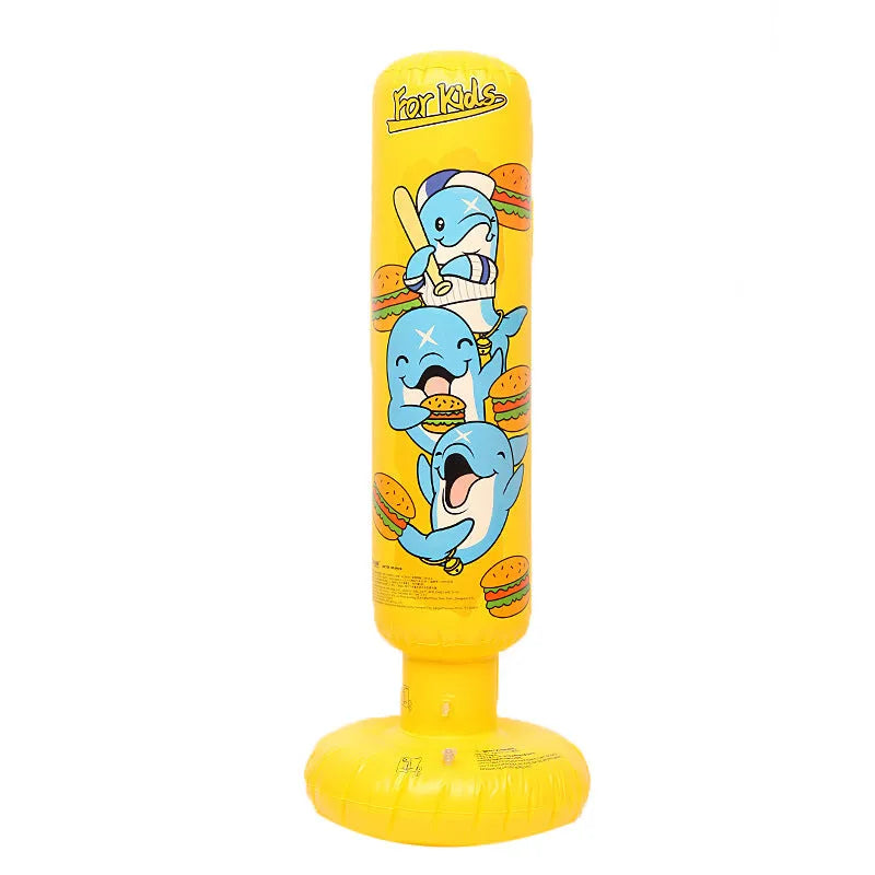 Yellow inflatable boxing column with hamburger print design standing upright.