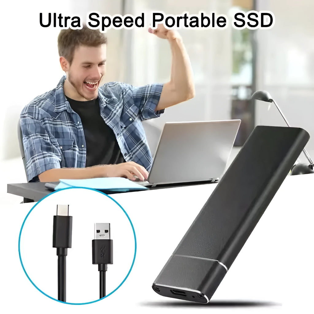Ultra-thin silver metal external hard drive with data cable on a desk.