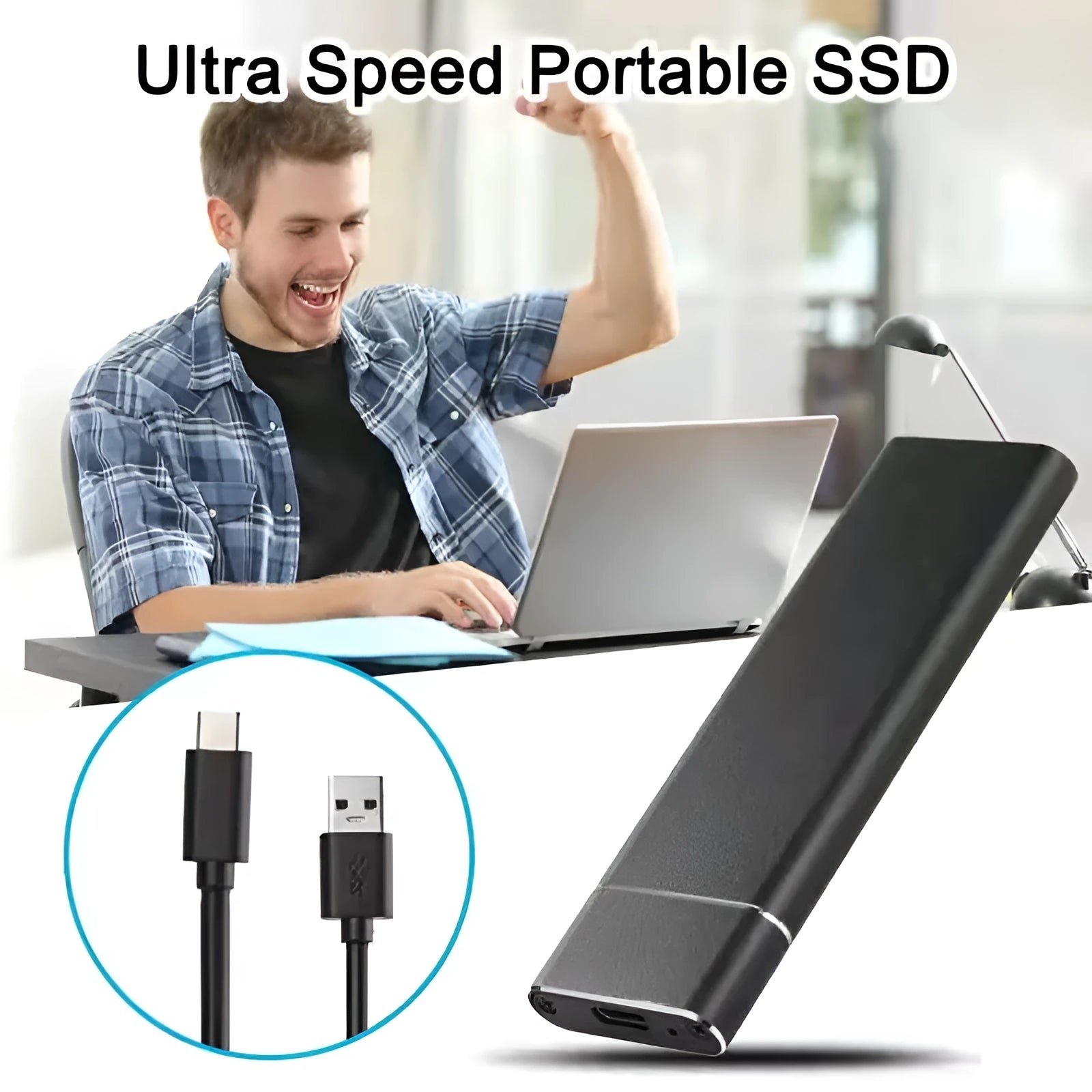 Ultra-thin silver metal external hard drive with data cable on a desk.