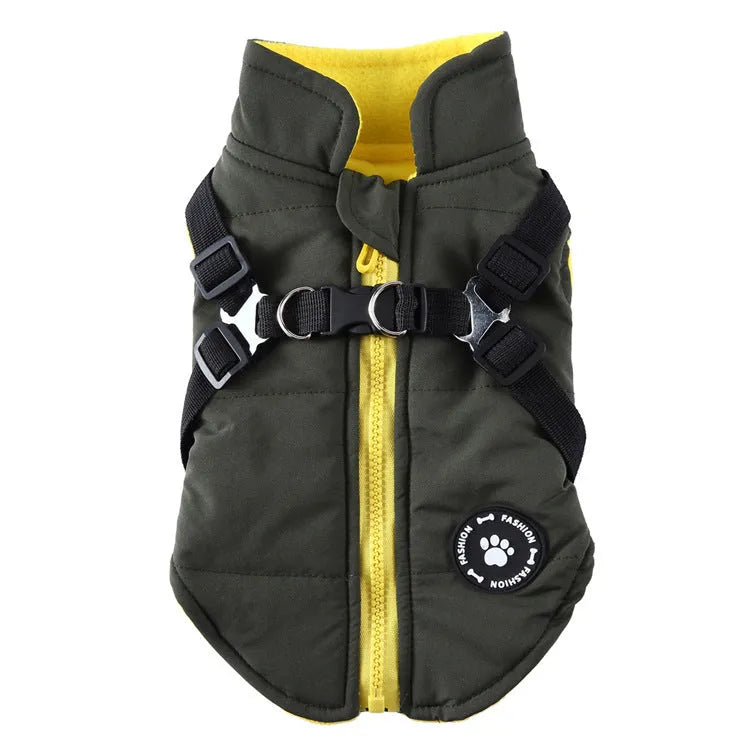 Chest strap dog winter coat in blue colour with cotton-padded insulation and secure fastening