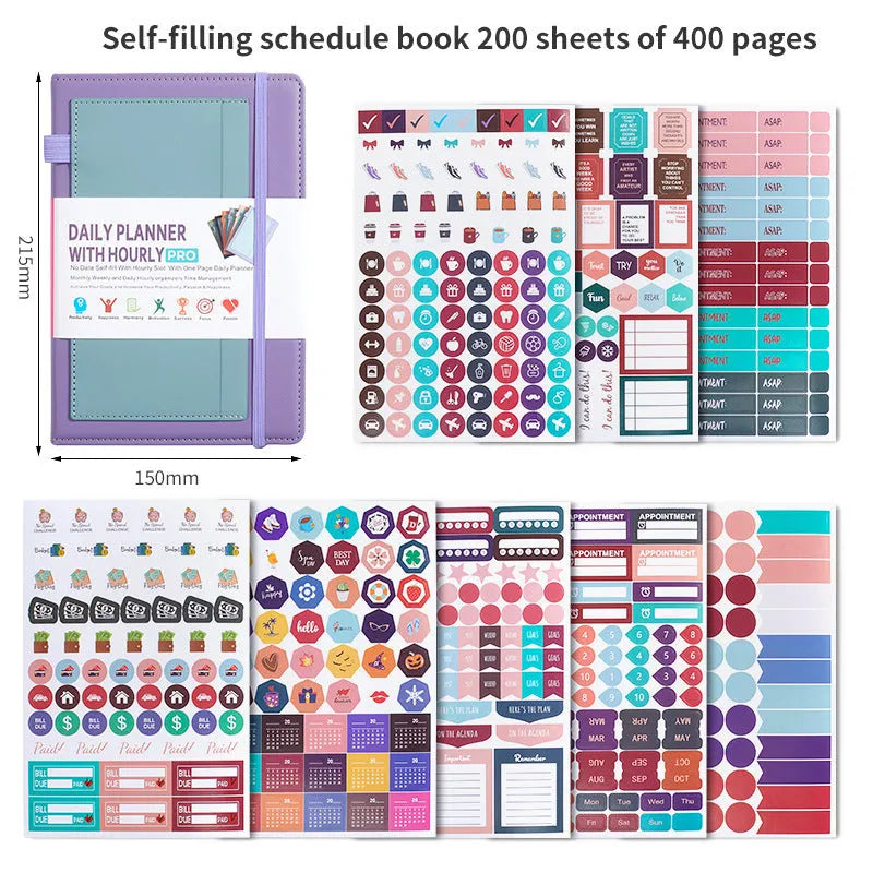 No-date notebook with PU cover and elastic strap in a choice of colours, lying open on a table.