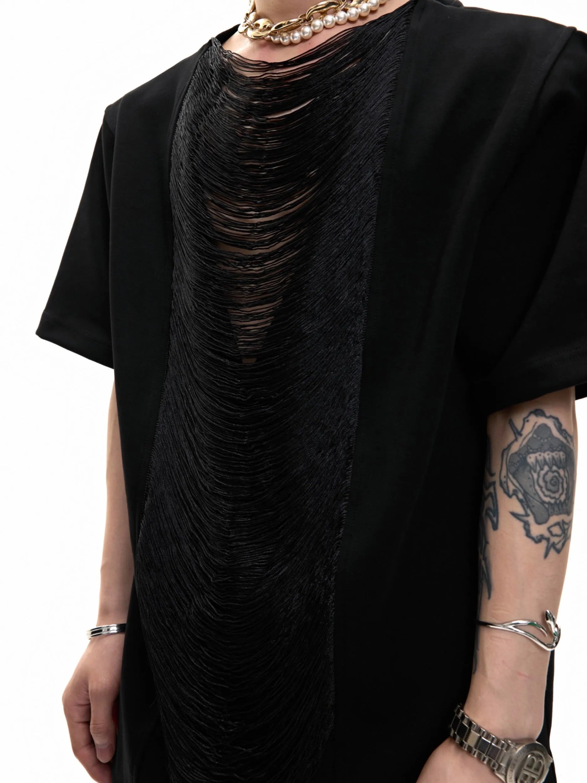 Men's black hollow out V-neck short sleeve loose fit polyester t-shirt on a hanger.
