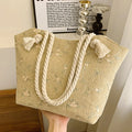 Large capacity PU handbag with flap closure in white and khaki, sewing line detail