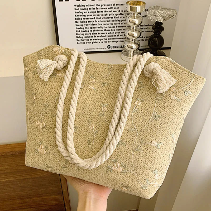 Large capacity PU handbag with flap closure in white and khaki, sewing line detail