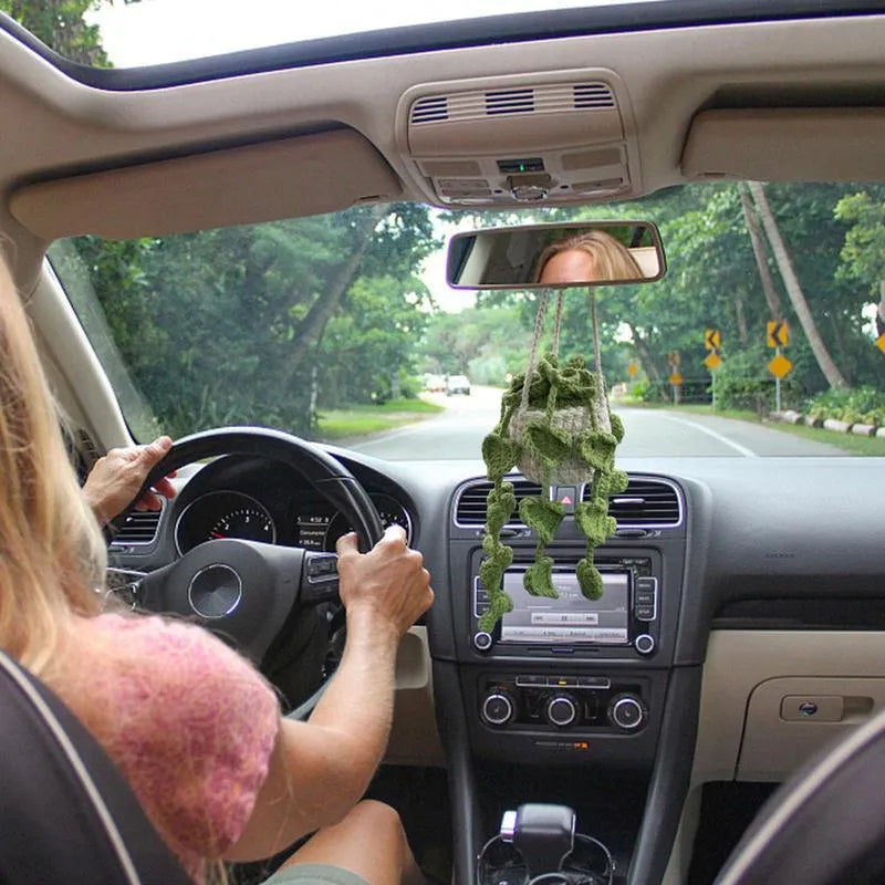 Green and white knitted wool car plant decoration with 25cm hanging rope on a car dashboard