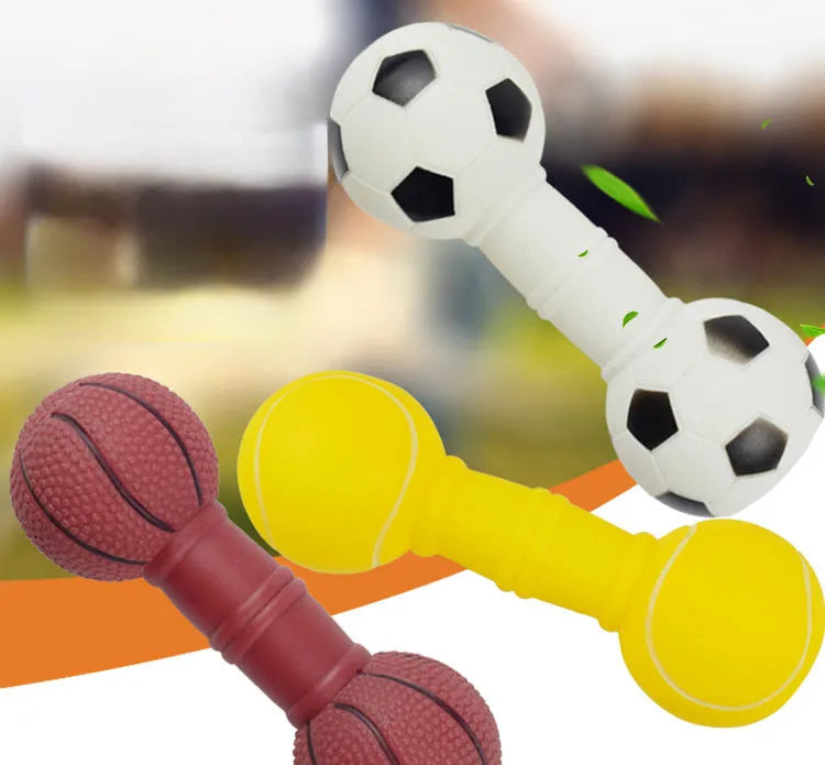 Brown football dumbbell shaped PVC dog squeaky toy on white background