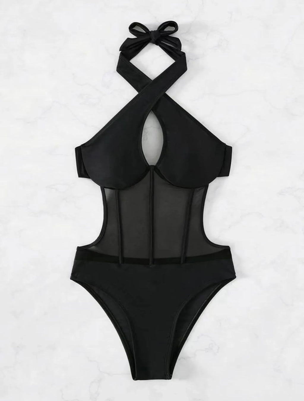 Ladies black one-piece swimsuit bikini with nylon spandex fabric for summer swimming