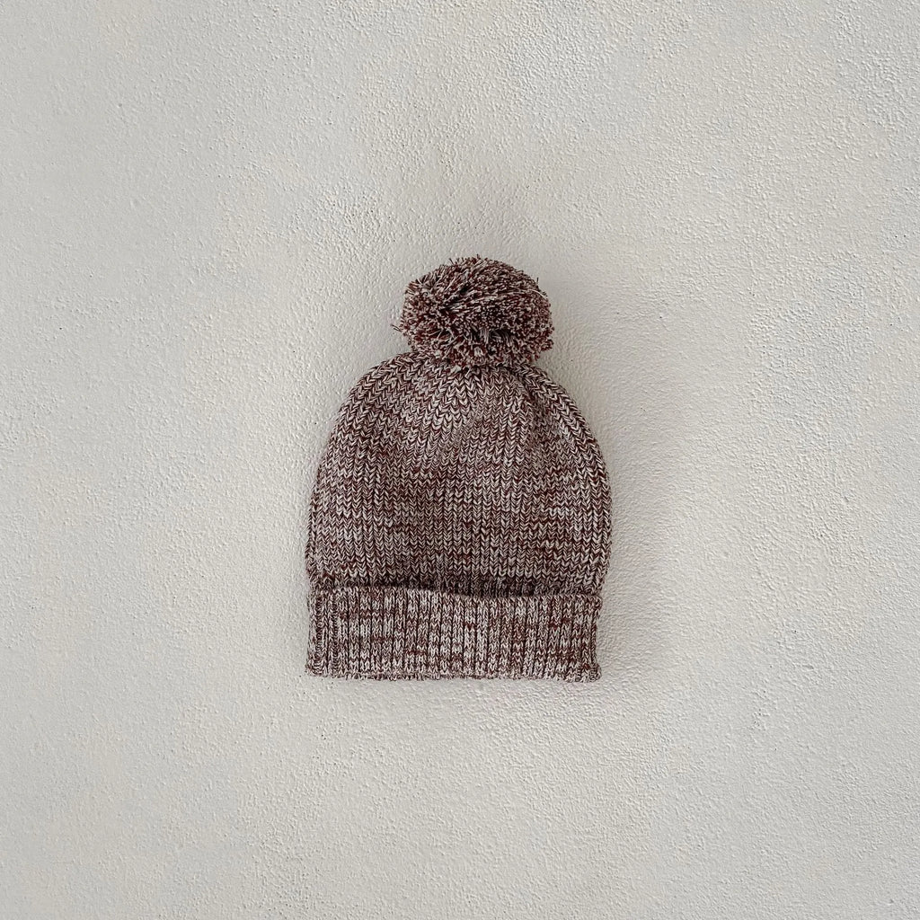 Dark brown baby girl knitted pullover set with matching shorts and fur-ball hat