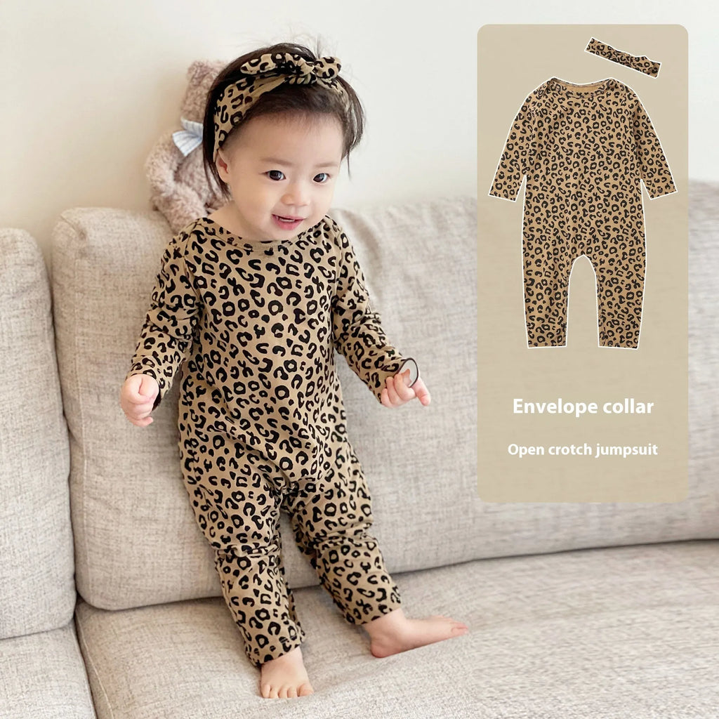 Brown leopard print cotton long-sleeved baby jumpsuit with matching headband