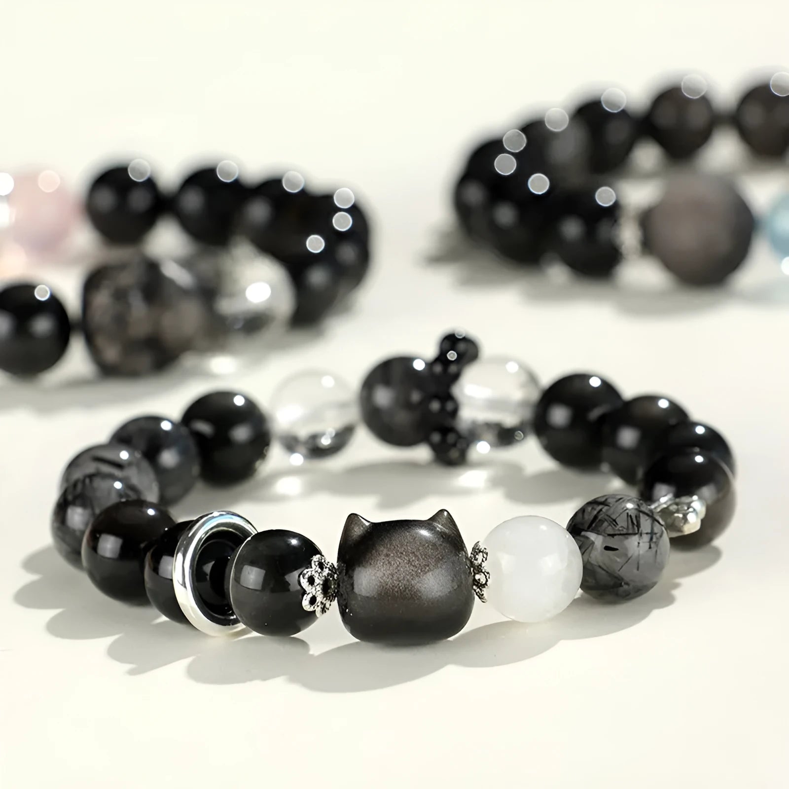 Silver stone fox crystal beaded bracelet with electroplated finish and diamond-shaped beads