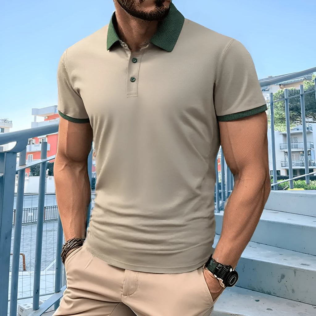 Ice silk summer polo shirt with short sleeves, a lapel collar, and a printed flocking design on the front.