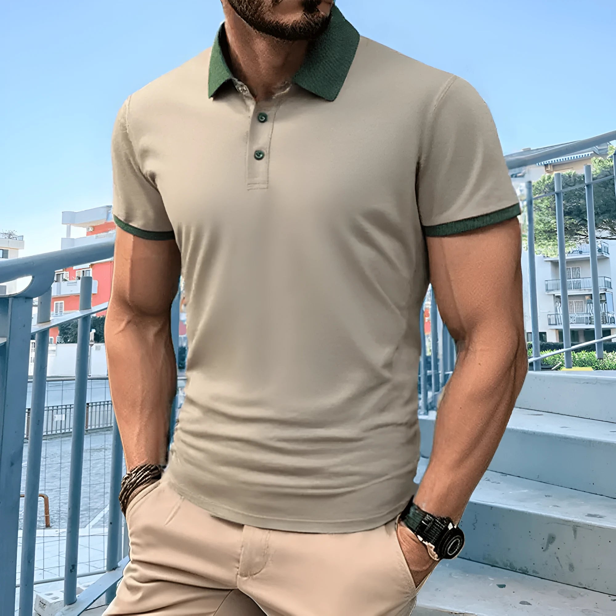 Ice silk summer polo shirt with short sleeves, a lapel collar, and a printed flocking design on the front.