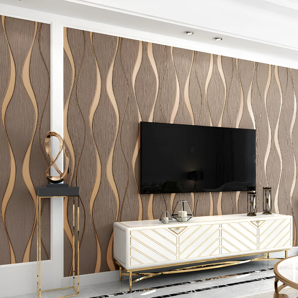 Close-up of light grey 3D curve stripe wallpaper with a thick deerskin velvet texture.