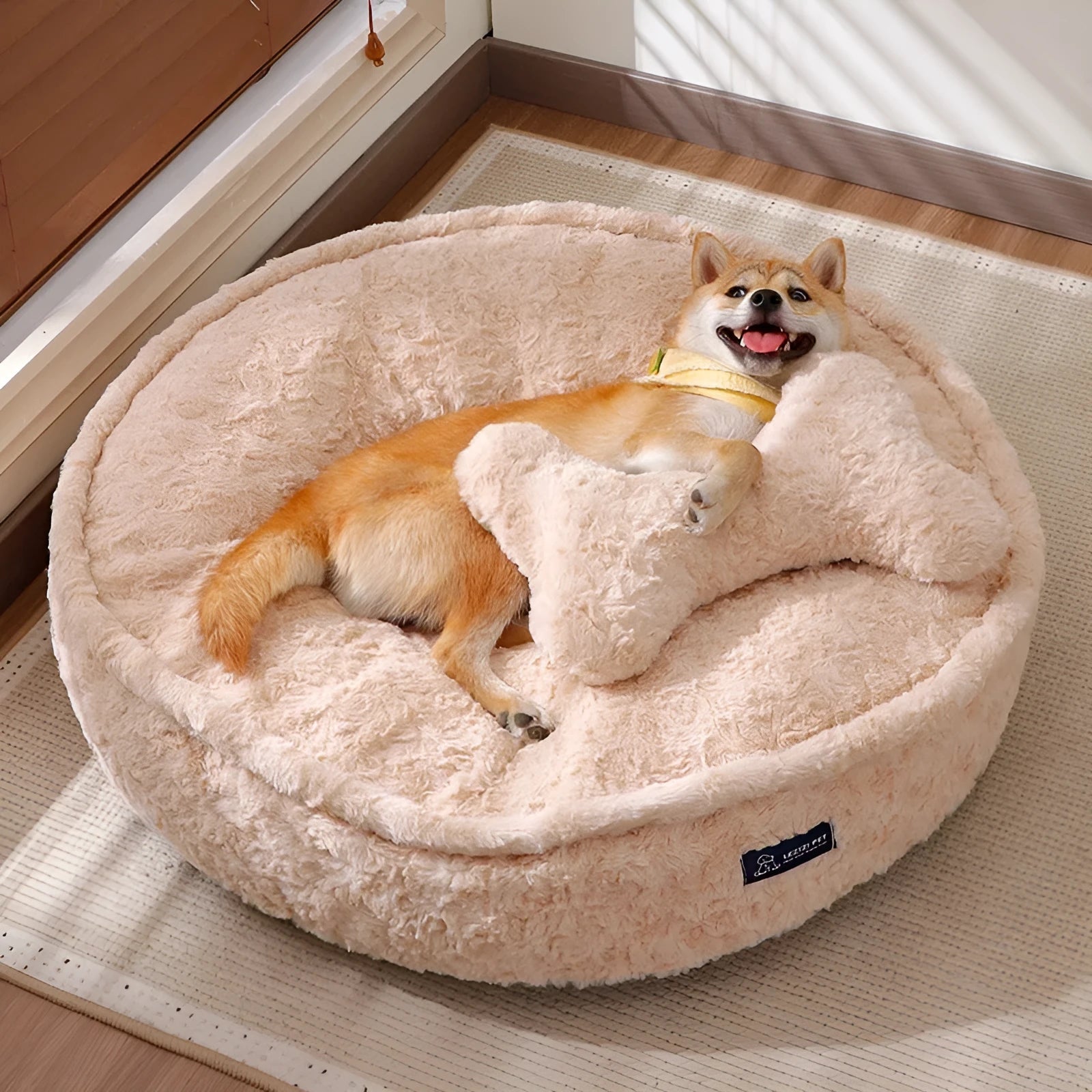 Round nest pet bed in milk tea colour with removable washable cover
