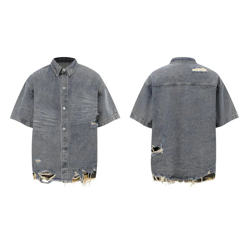 Leopard print denim short sleeve top and shorts set with cut edge stitching in blue.