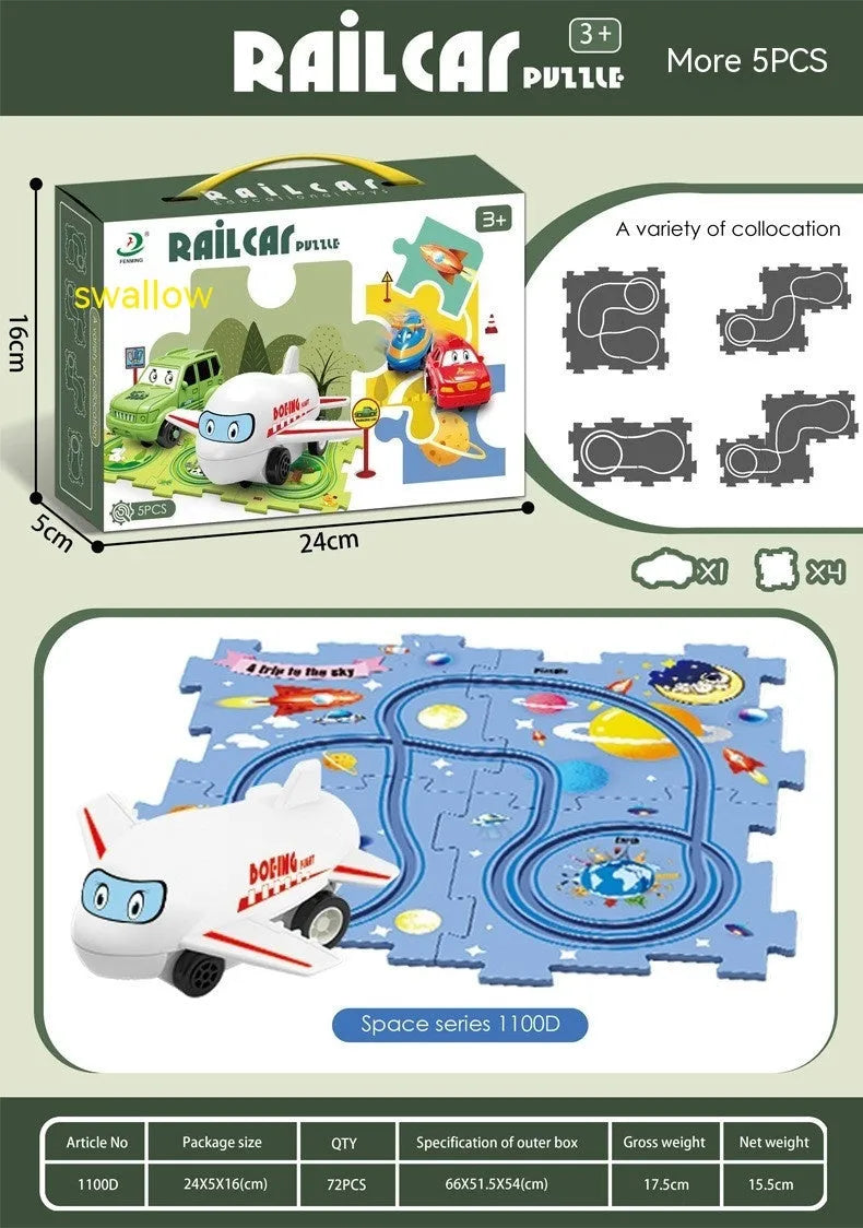 Children puzzle electric railroad speeder with automatic car and dinosaur-themed puzzle track pieces on floor