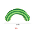 Striped pattern cat pillow toy with noise feature and catnip strip in green, rainbow and yellow colour options
