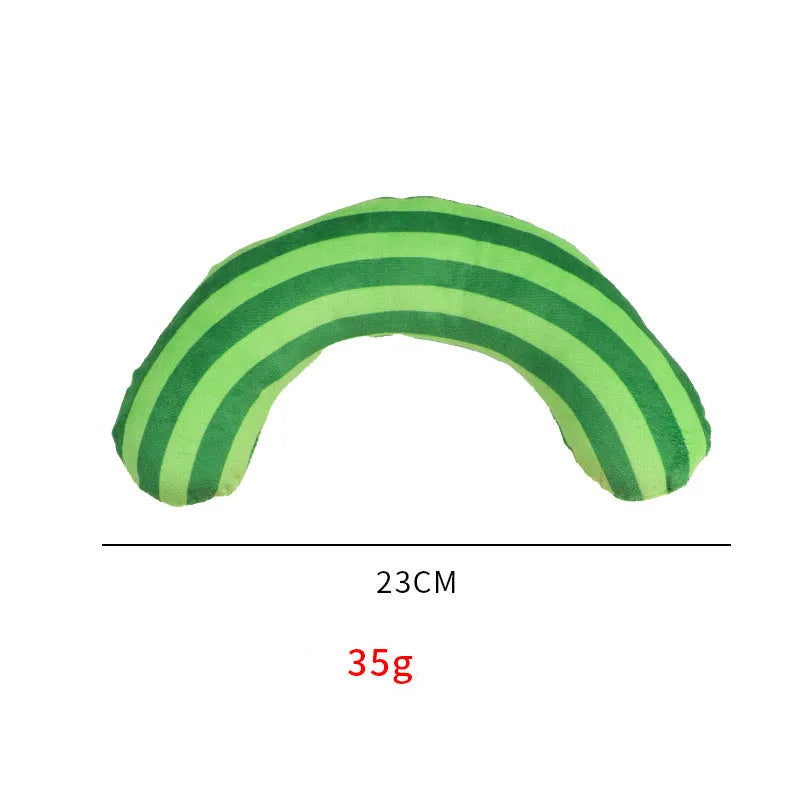 Striped pattern cat pillow toy with noise feature and catnip strip in green, rainbow and yellow colour options